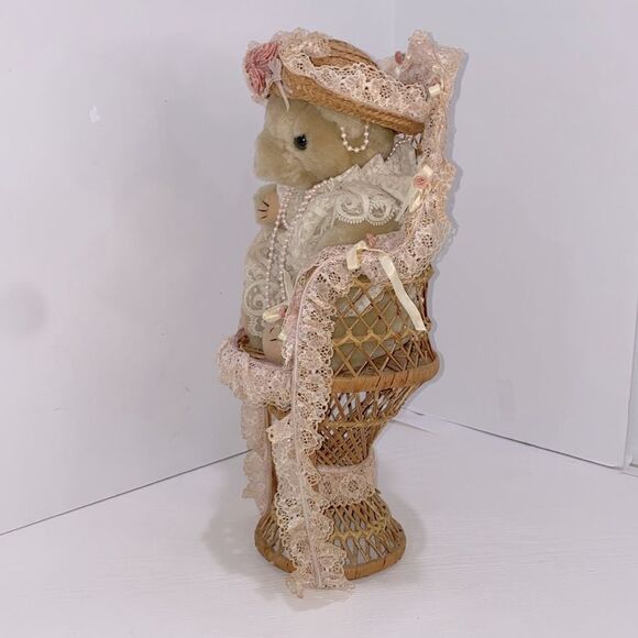 Vintage Victorian Style Teddy Bear in Lace Outfit Sitting In Wicker Chair - Picture 3 of 9